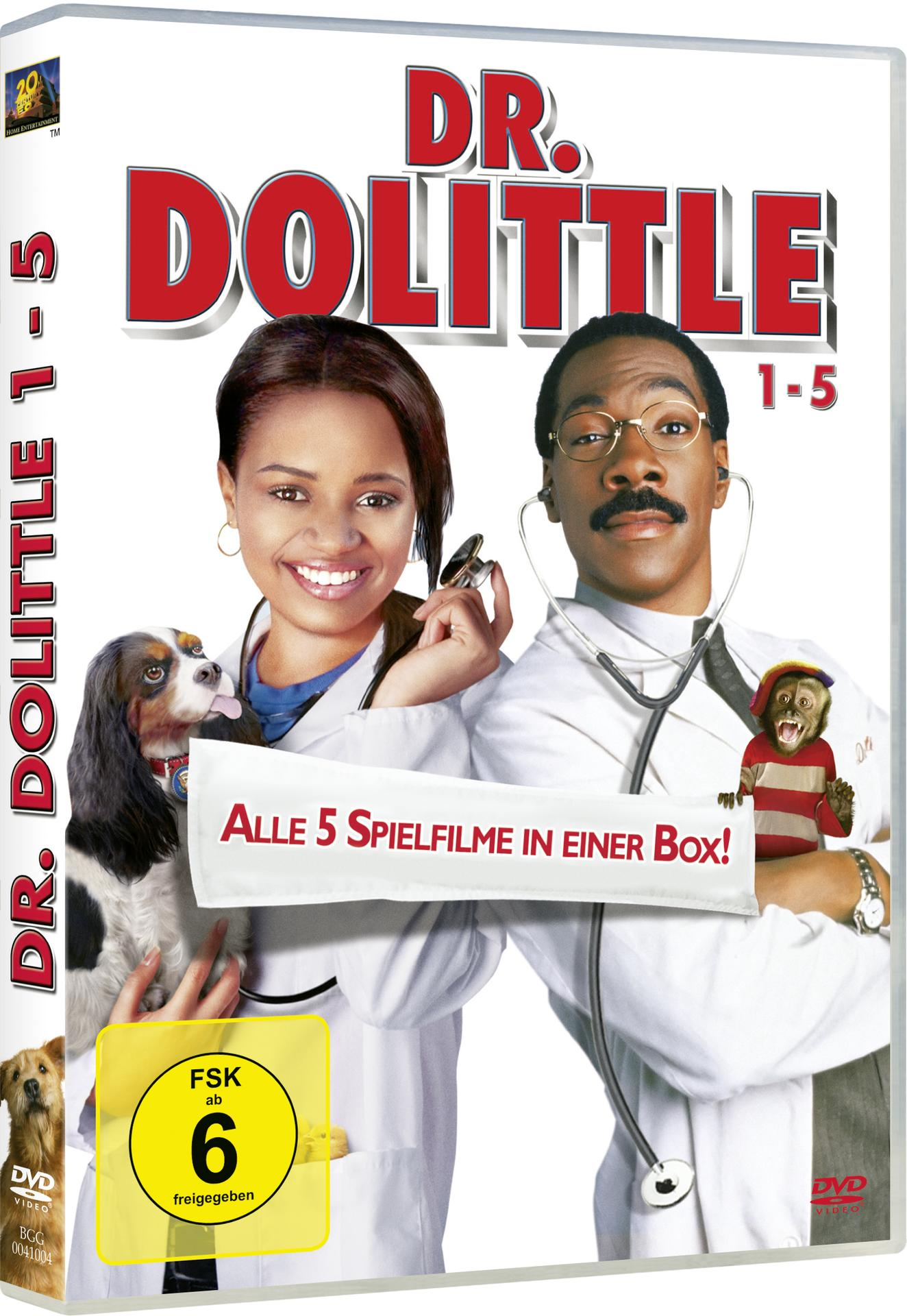 DVD-Cover für Dr. Dolittle 1-5. Eddie Murphy ist mit einer Frau und einem Hund auf dem Cover.