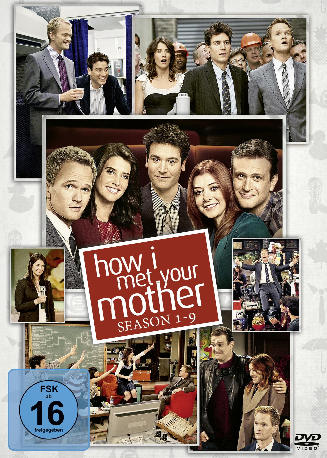 DVD-Box-Art: Collage von How I Met Your Mother-Besetzung in verschiedenen Szenen. Text: Staffel 1-9.