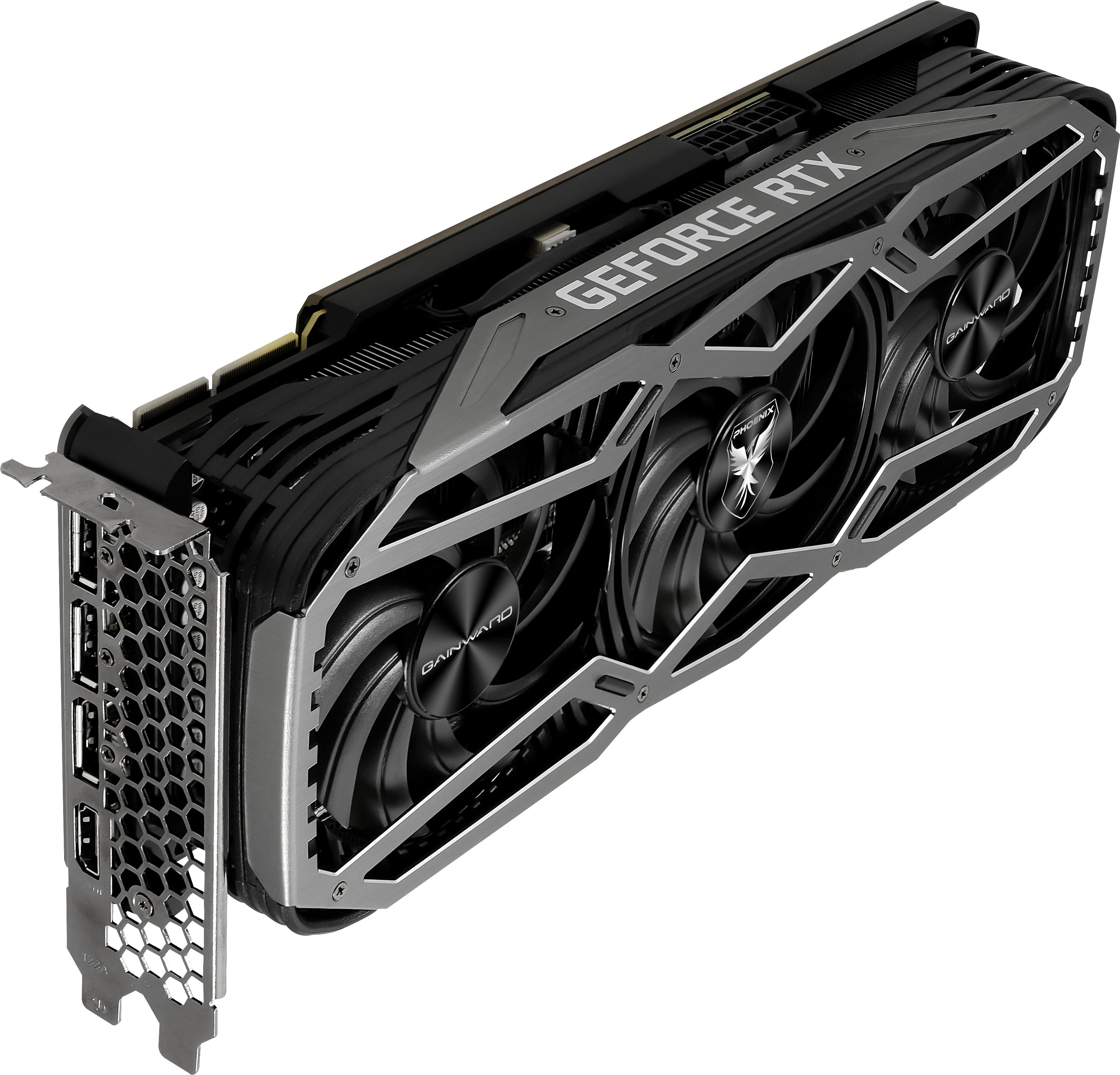 Eine Grafikkarte mit mehreren Lüftern und dem Wort 'GeForce RTX'.