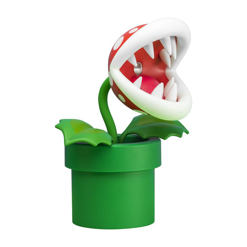 Mario Piranha-Pflanzenfigur in grüner Röhre. Weiße Zähne, roter Kopf, offener Mund.