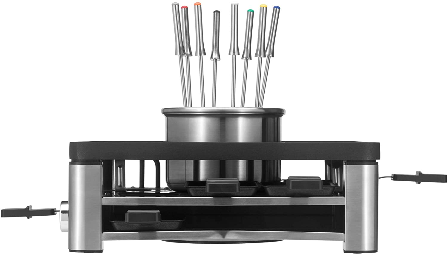 Fondue-Set. Metalltopf mit bunten Gabeln. Schwarze Basis mit kleinen Fächern. Isoliert auf weißem Hintergrund.