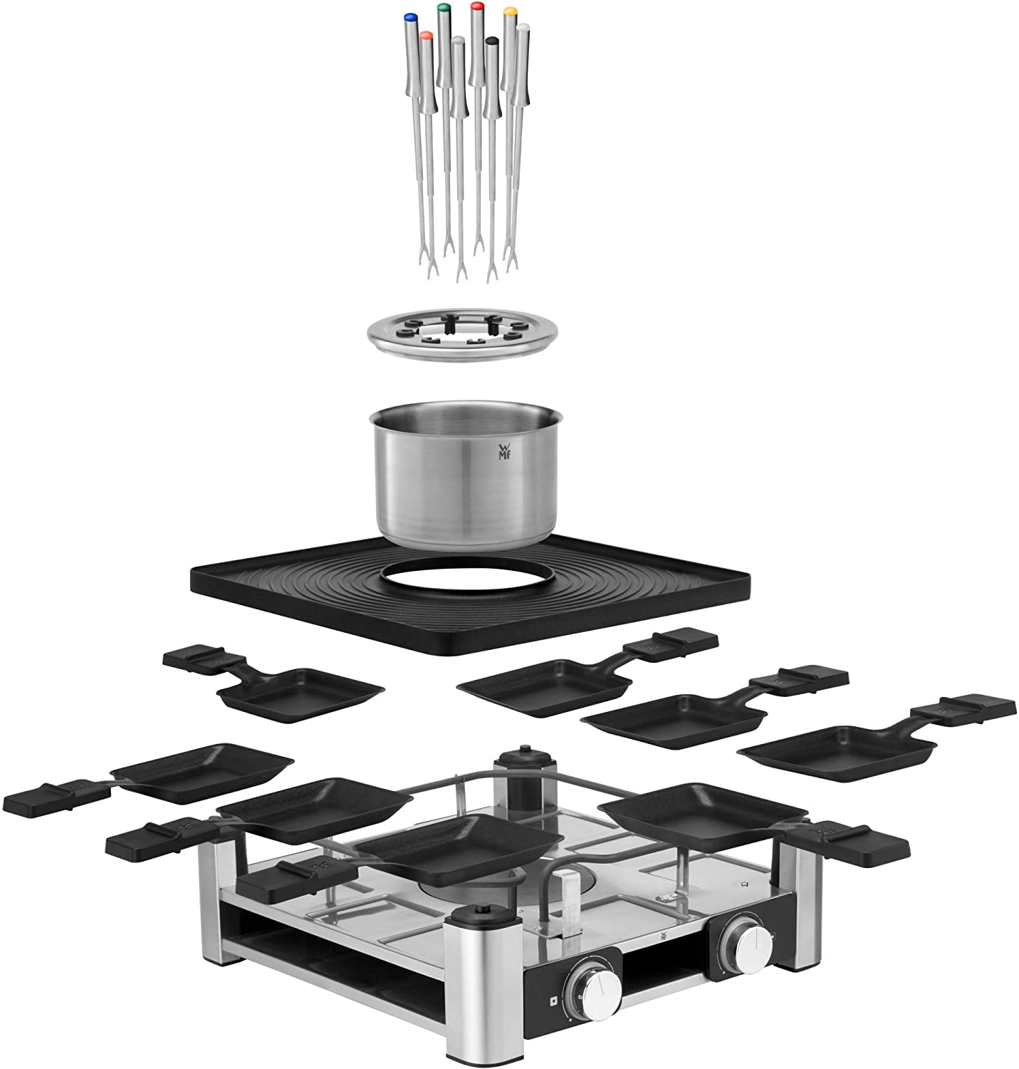 Eine Explosionsansicht eines Fondue-Sets, die Komponenten zeigt: Topf, Brenner, Gabeln und Heizständer.