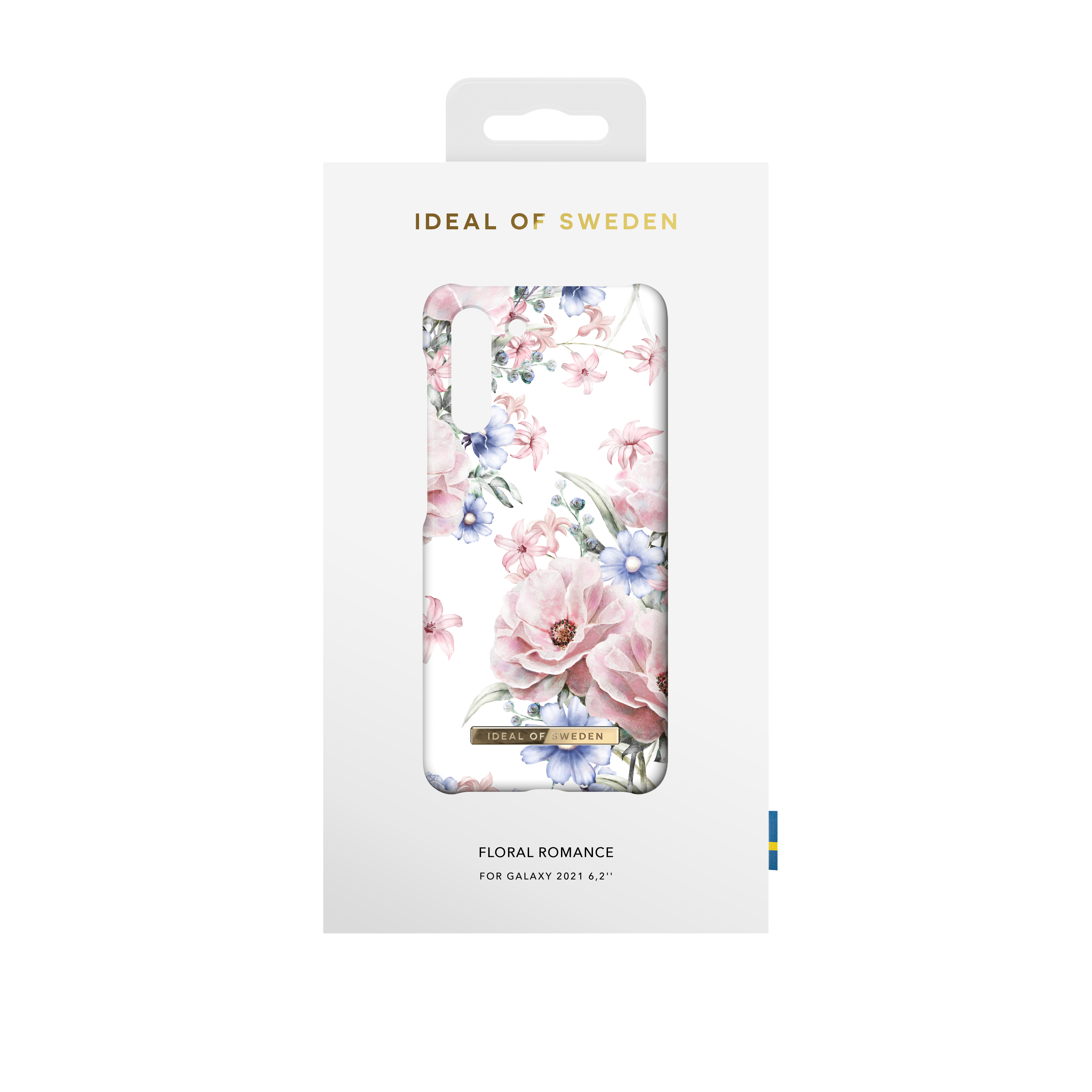 Eine Handyhülle in einer Box. Sie zeigt ein florales Design mit rosa, blauen Blumen und dem Text 'Ideal of Sweden'.