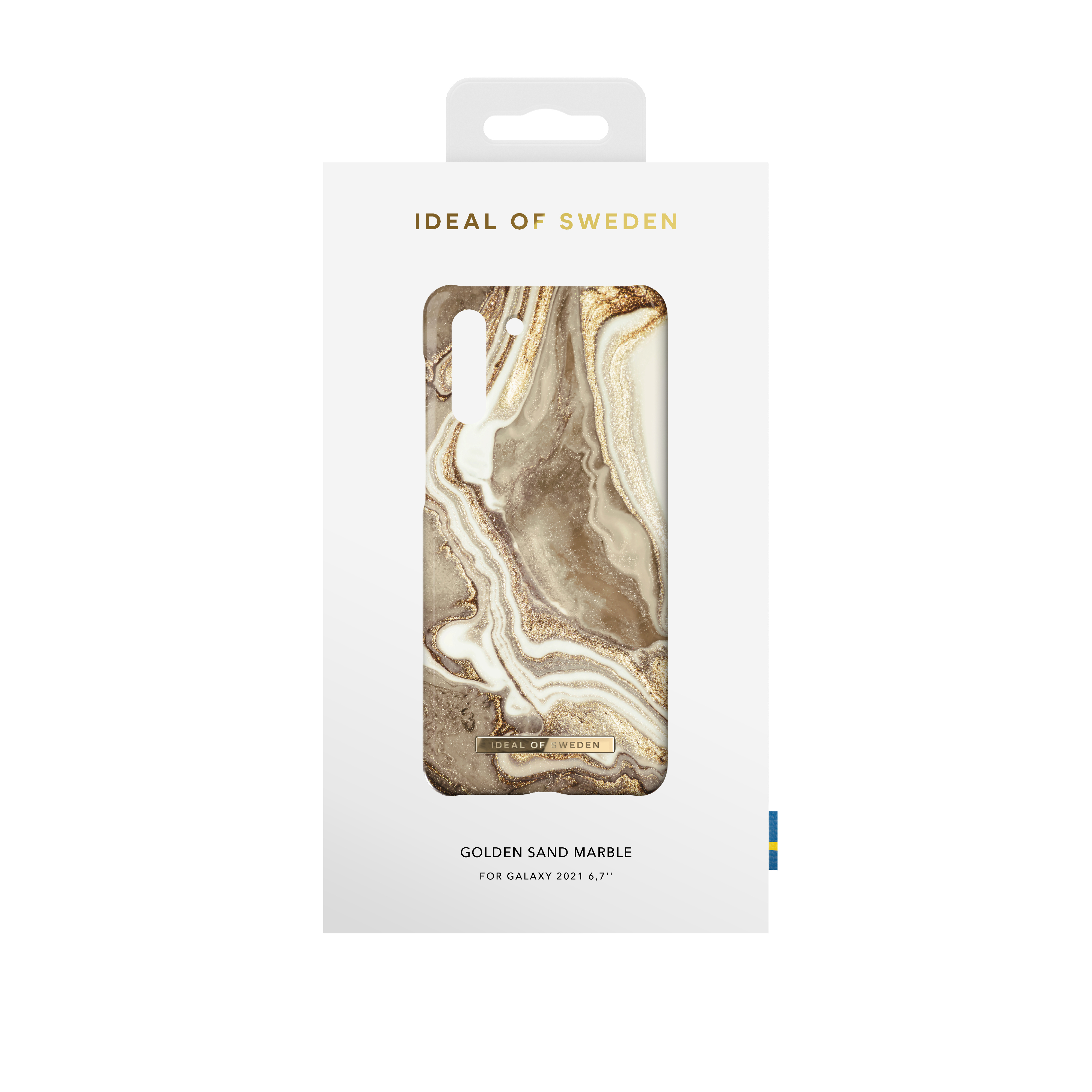 Eine Handyhülle mit Marmordesign, in einer Box mit dem Ideal of Sweden Logo.