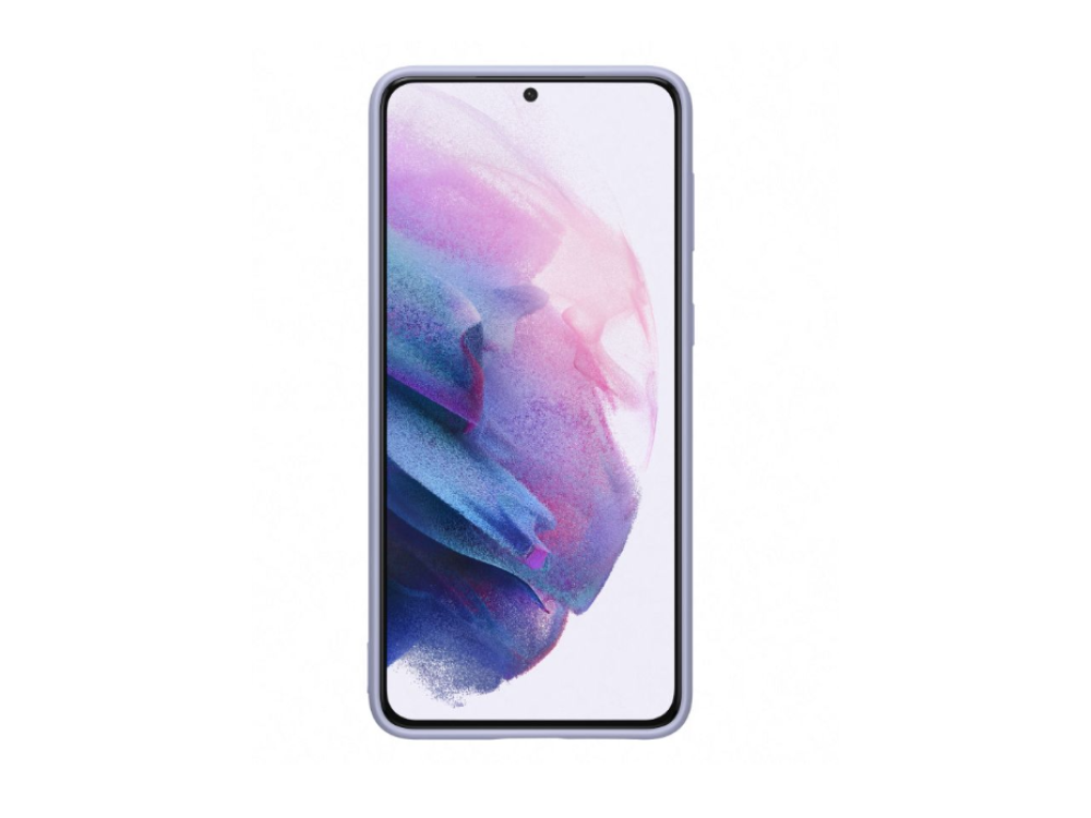 Smartphone con funda lila claro, mostrando una pintura abstracta en su pantalla.