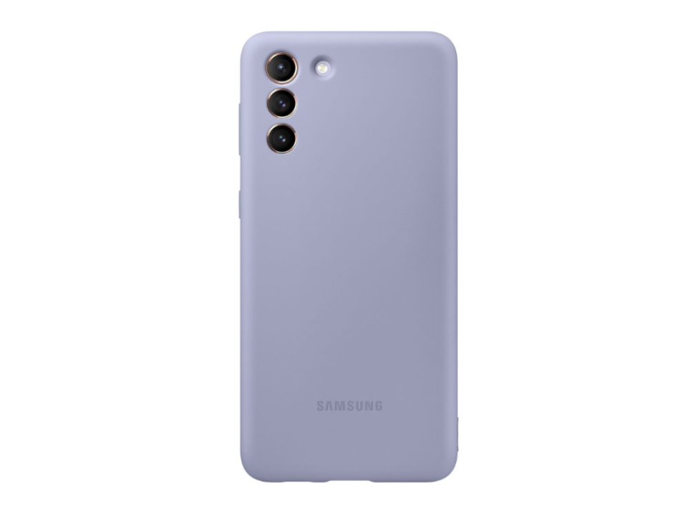 Una funda de teléfono púrpura con una cámara, flash y la marca Samsung.