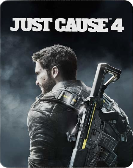 A Just Cause 4 játékborítója, egy fegyverrel a vállán egy férfival.