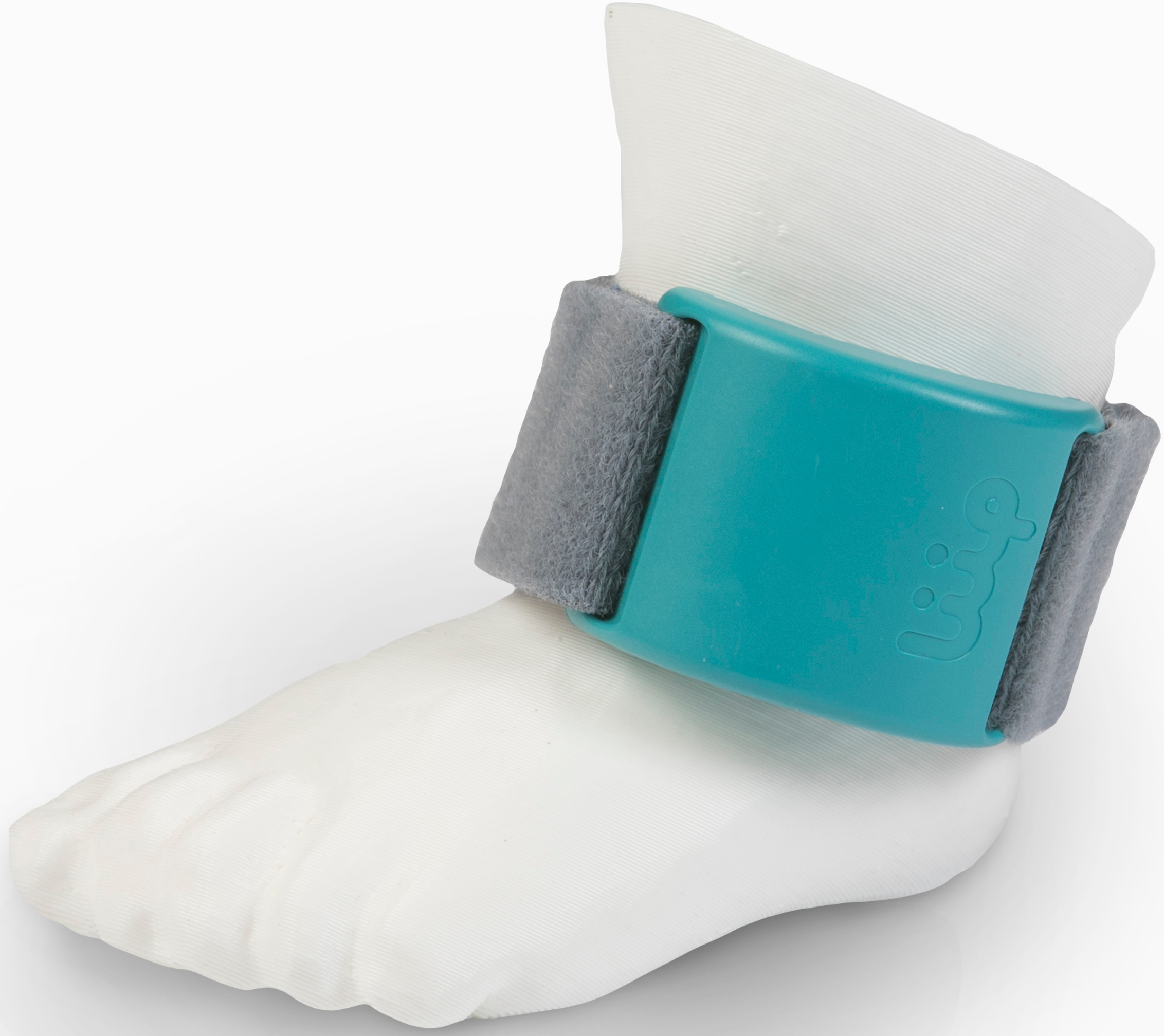 Knöchelbandage mit teal- und grauer Polsterung, auf weißem Fuß.