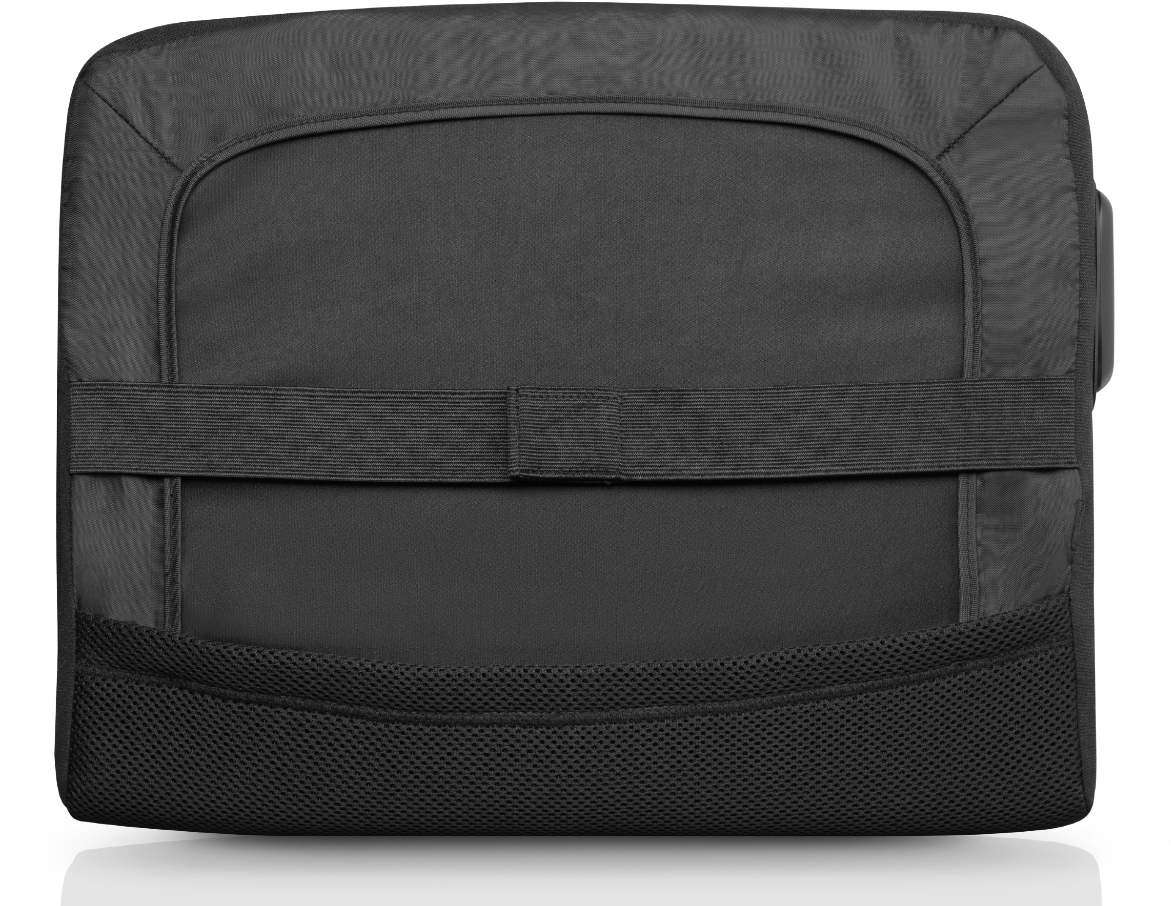 Dos d'un sac à dos noir. Comprend une poche en filet, une sangle élastique et un soutien dorsal rembourré. Le fond est blanc.