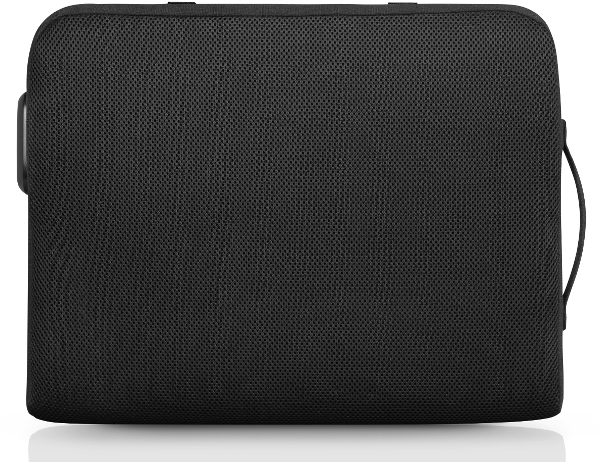 Étui rectangulaire noir avec une texture en maille. Il a une poignée à droite et un petit détail noir sur le côté gauche. Fond blanc.