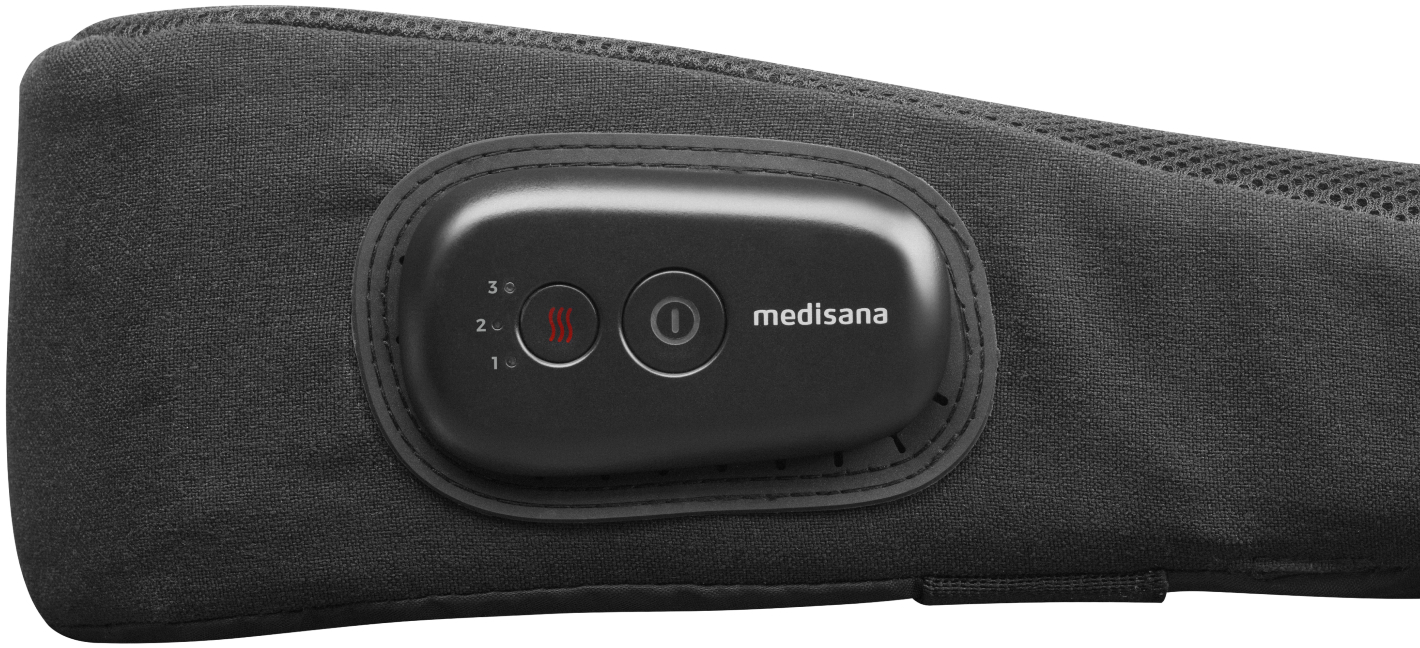Un appareil de massage noir avec un panneau de contrôle. Le panneau a des boutons de chaleur et d'alimentation, avec le logo 'medisana'.