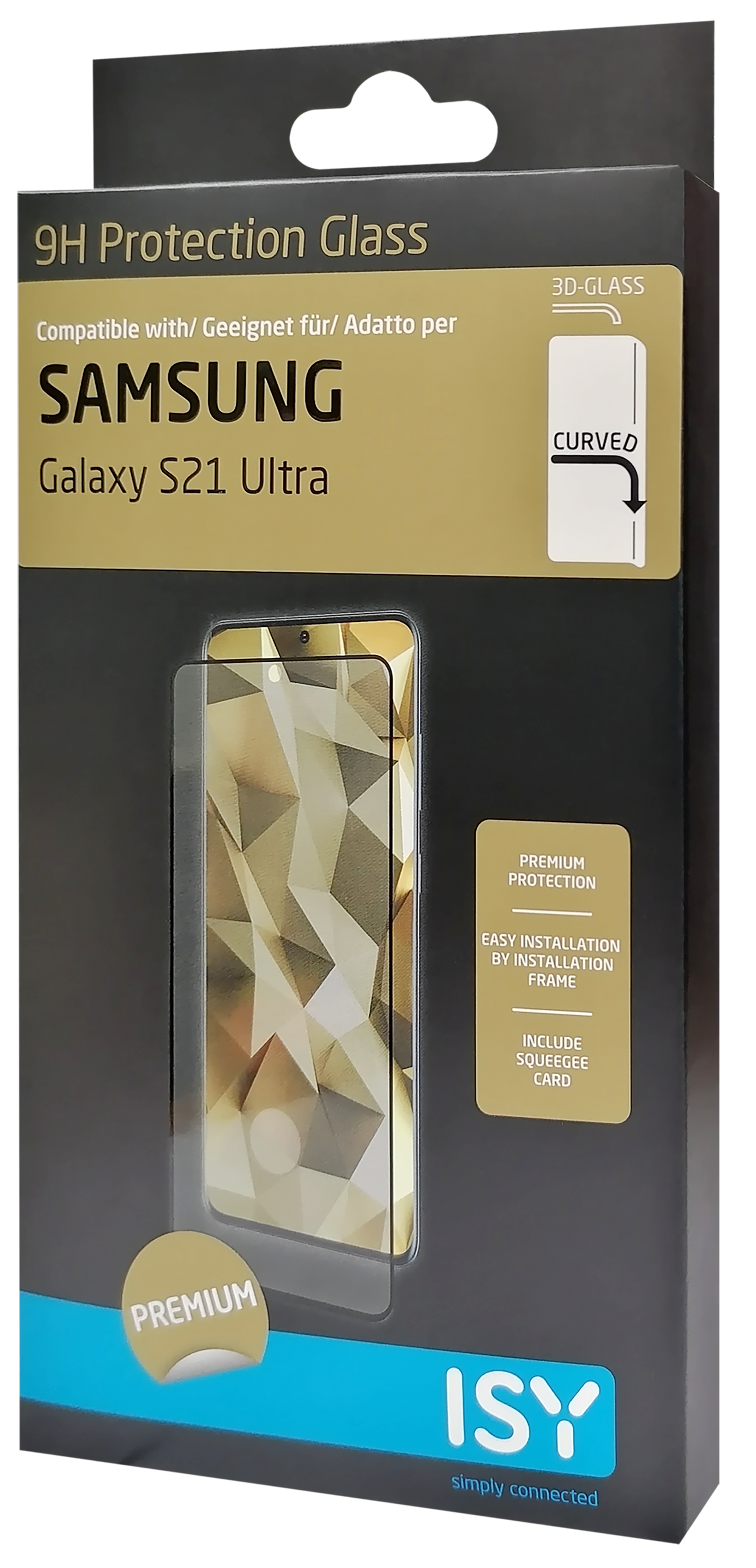 Schachtel zeigt Samsung Galaxy S21 Ultra Displayschutzglas, gebogen.
