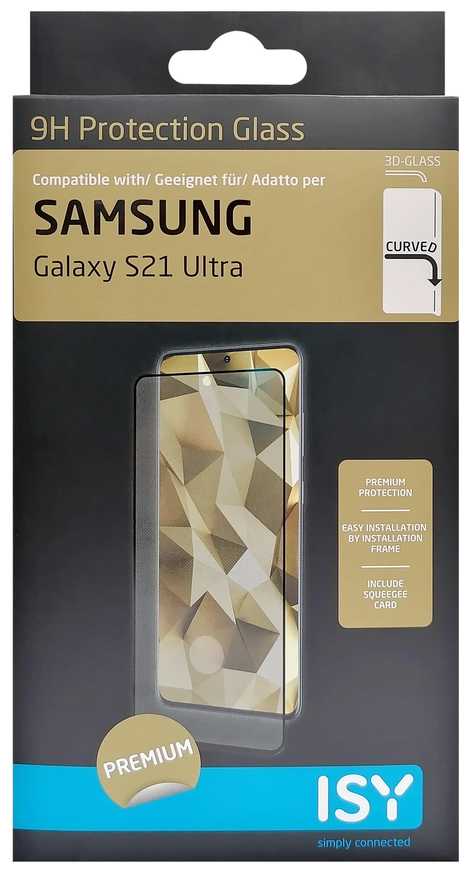 Verpackung für Smartphone-Displayschutzfolie. Es zeigt das Telefon und hat ein '9H Protection Glass'-Etikett.