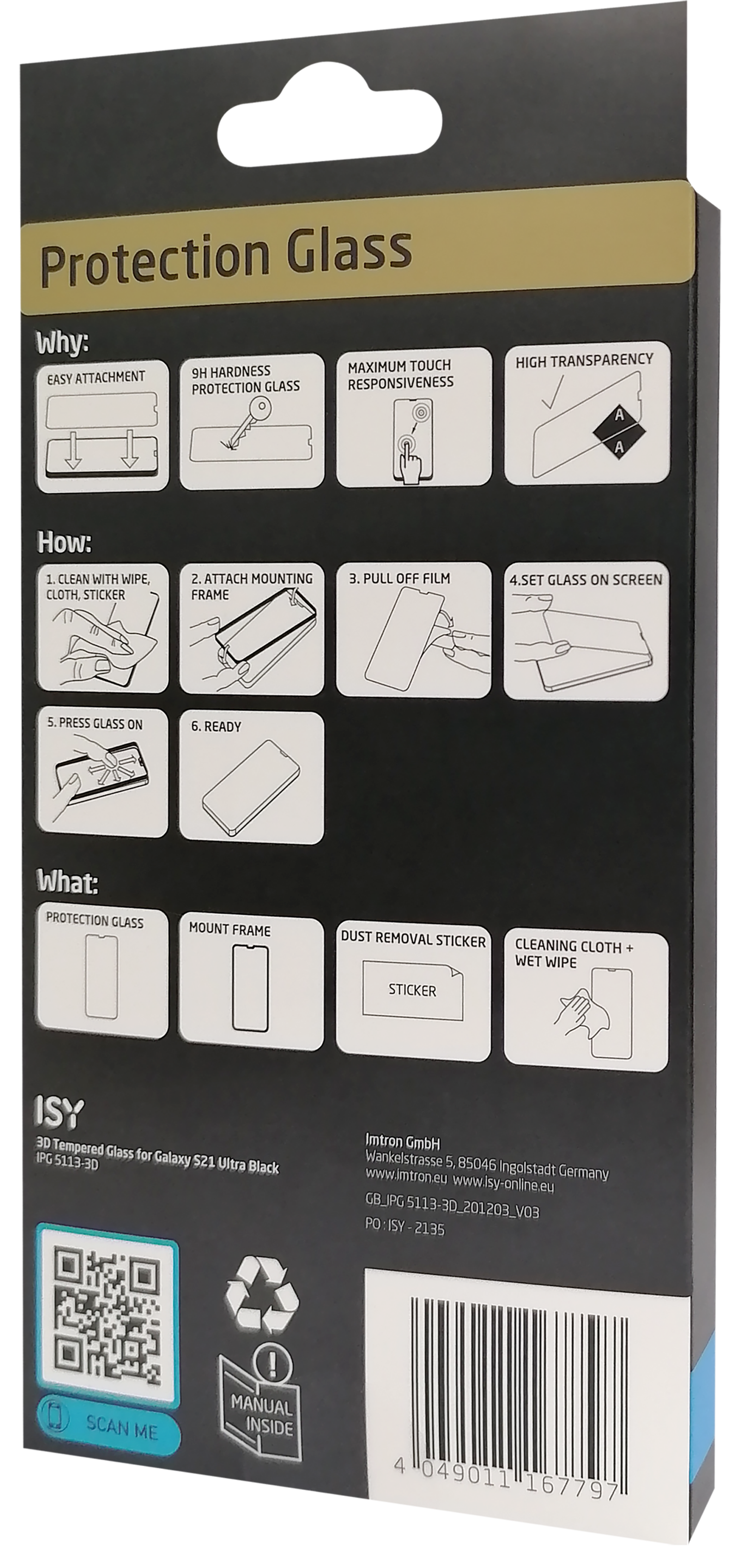 Verpackung des Displayschutzes mit Anweisungen und Produktinformationen.