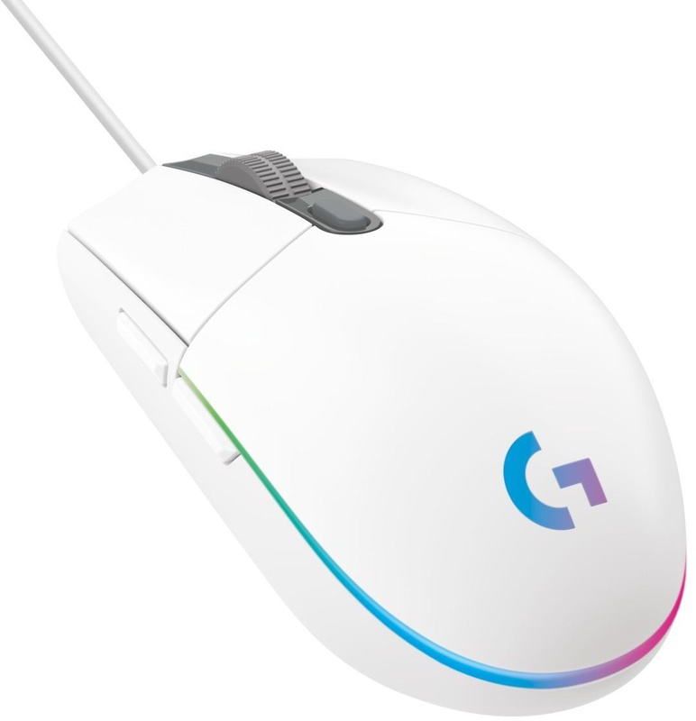 White gaming mouse with a cable. It has a scroll wheel and the 'G' logo.