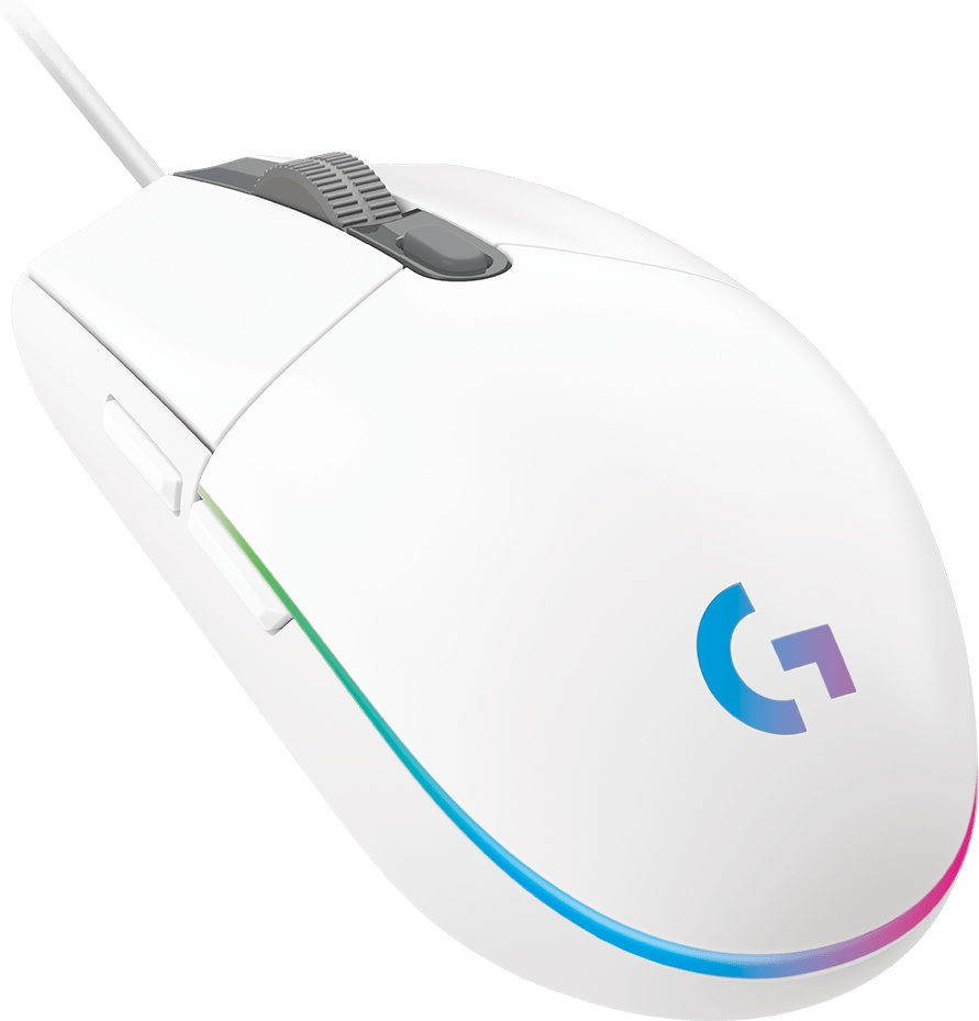 White computer mouse with a wire, top side has a wheel and buttons.
