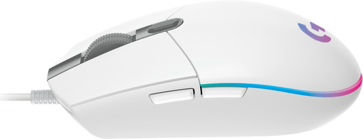 White gaming mouse with a cable. It has a scroll wheel, buttons, and a glowing logo. 
