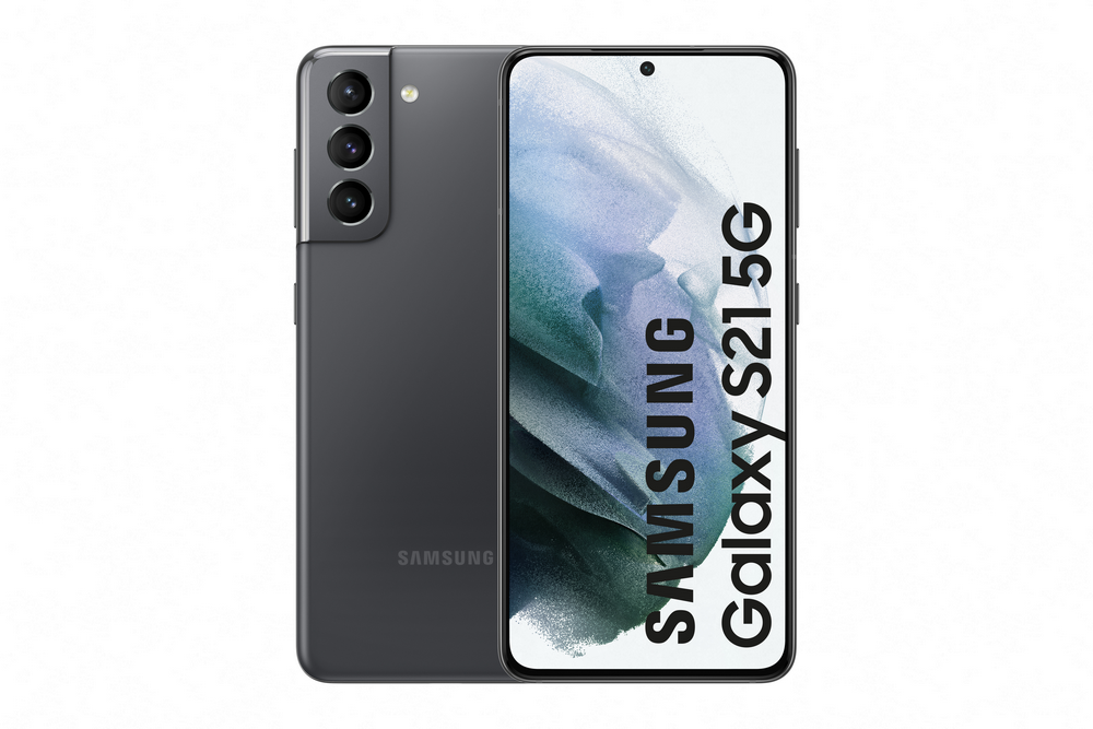 Un teléfono Samsung Galaxy S21 5G gris oscuro. Mostrando la parte trasera y la pantalla.