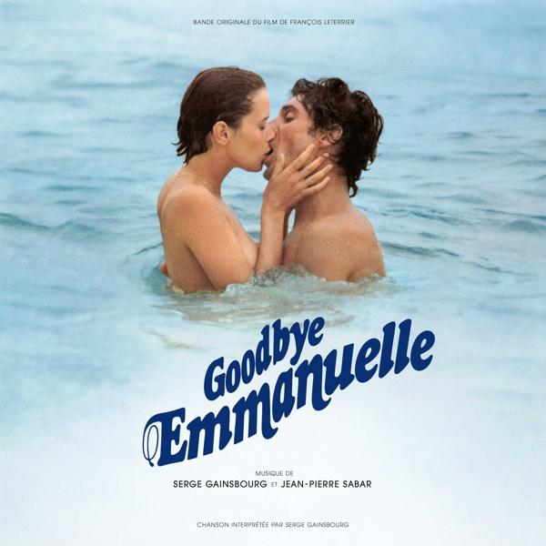 Filmposter: een stel dat in het water kust, titel 'Goodbye Emmanuelle' en credits.