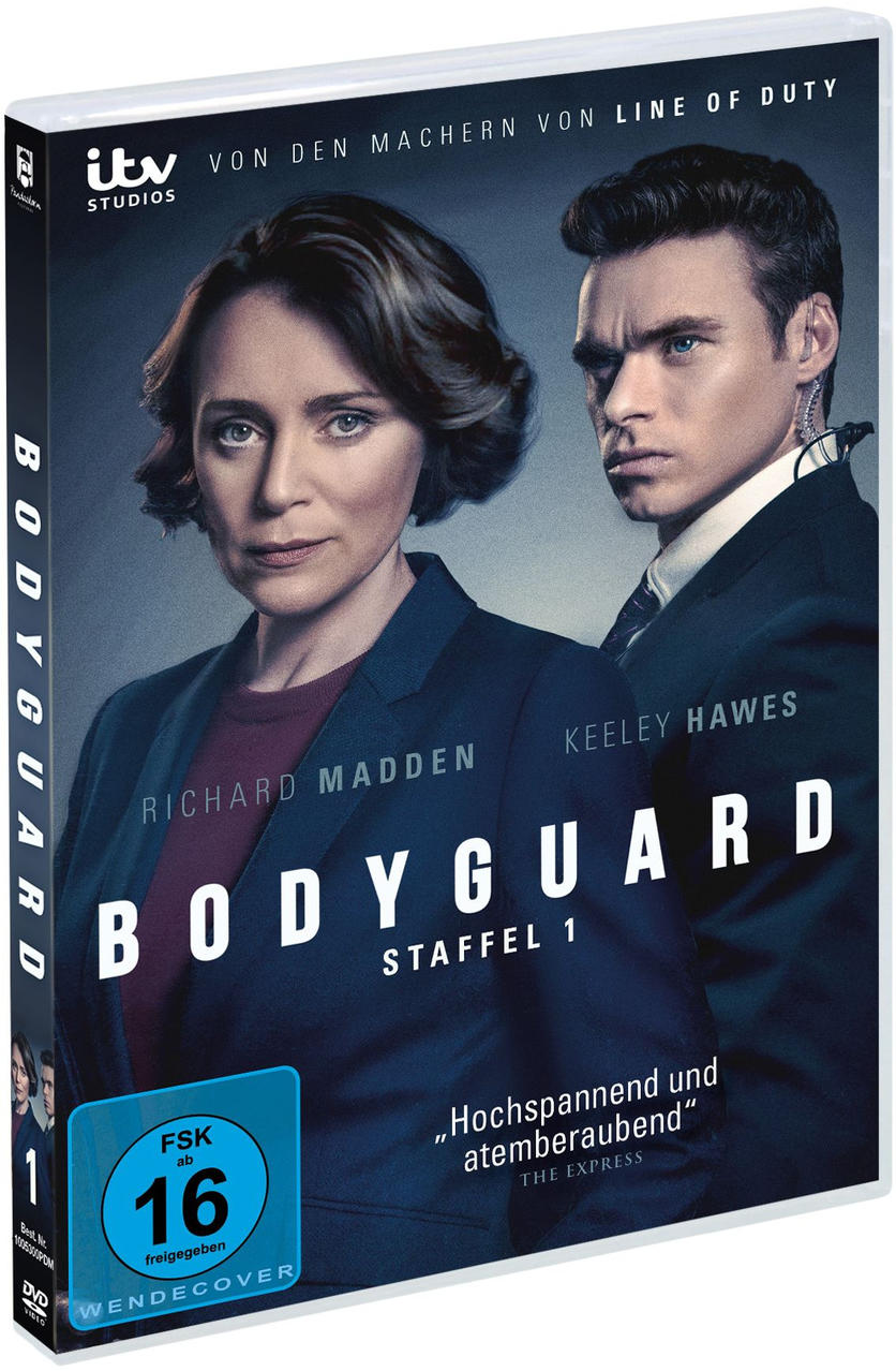 DVD-Cover von Bodyguard. Richard Madden und Keeley Hawes. Deutscher Text: 'Hochspannend und atemberaubend'.