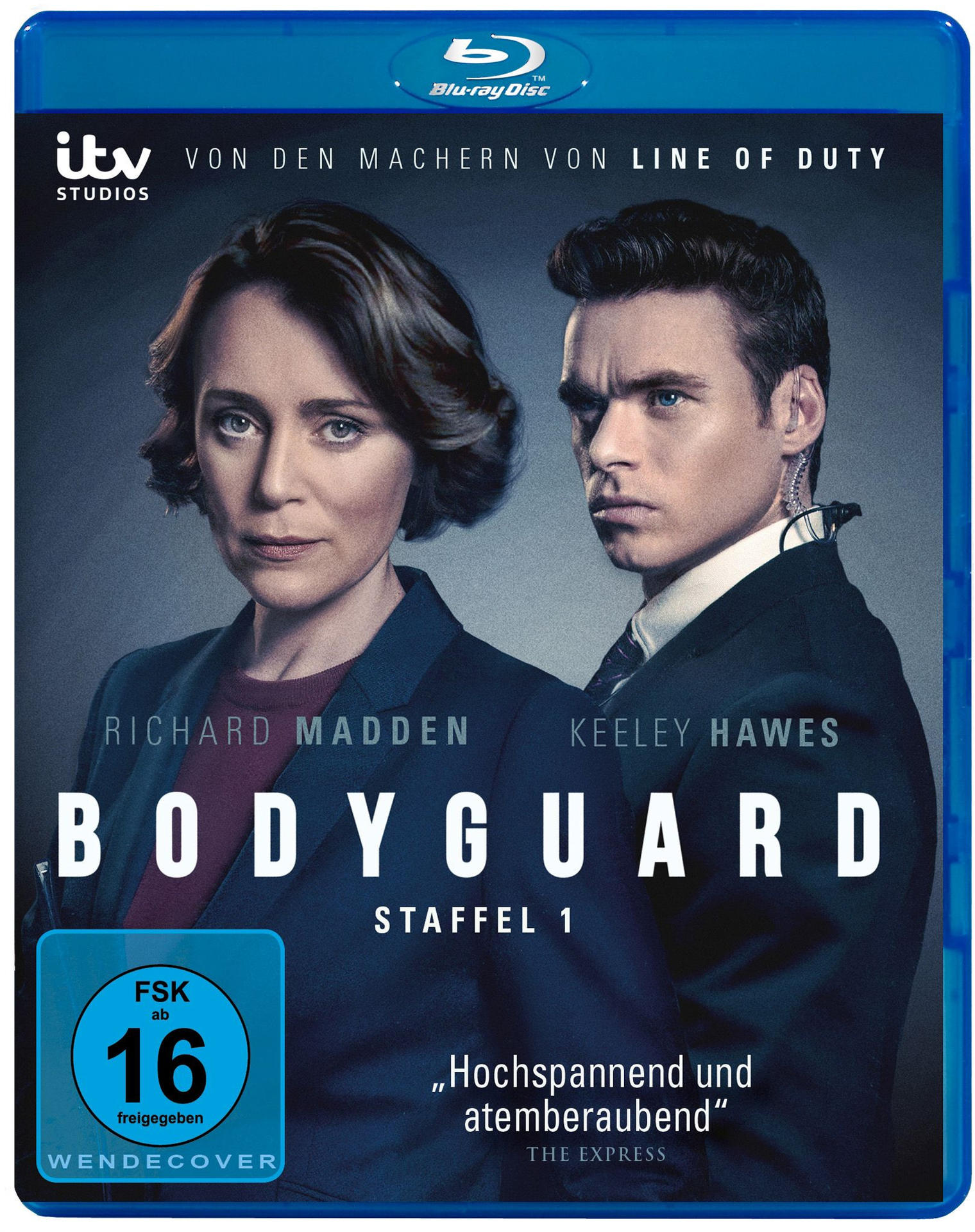 Bodyguard DVD-Cover mit zwei Schauspielern, Text und blauem Hintergrund.