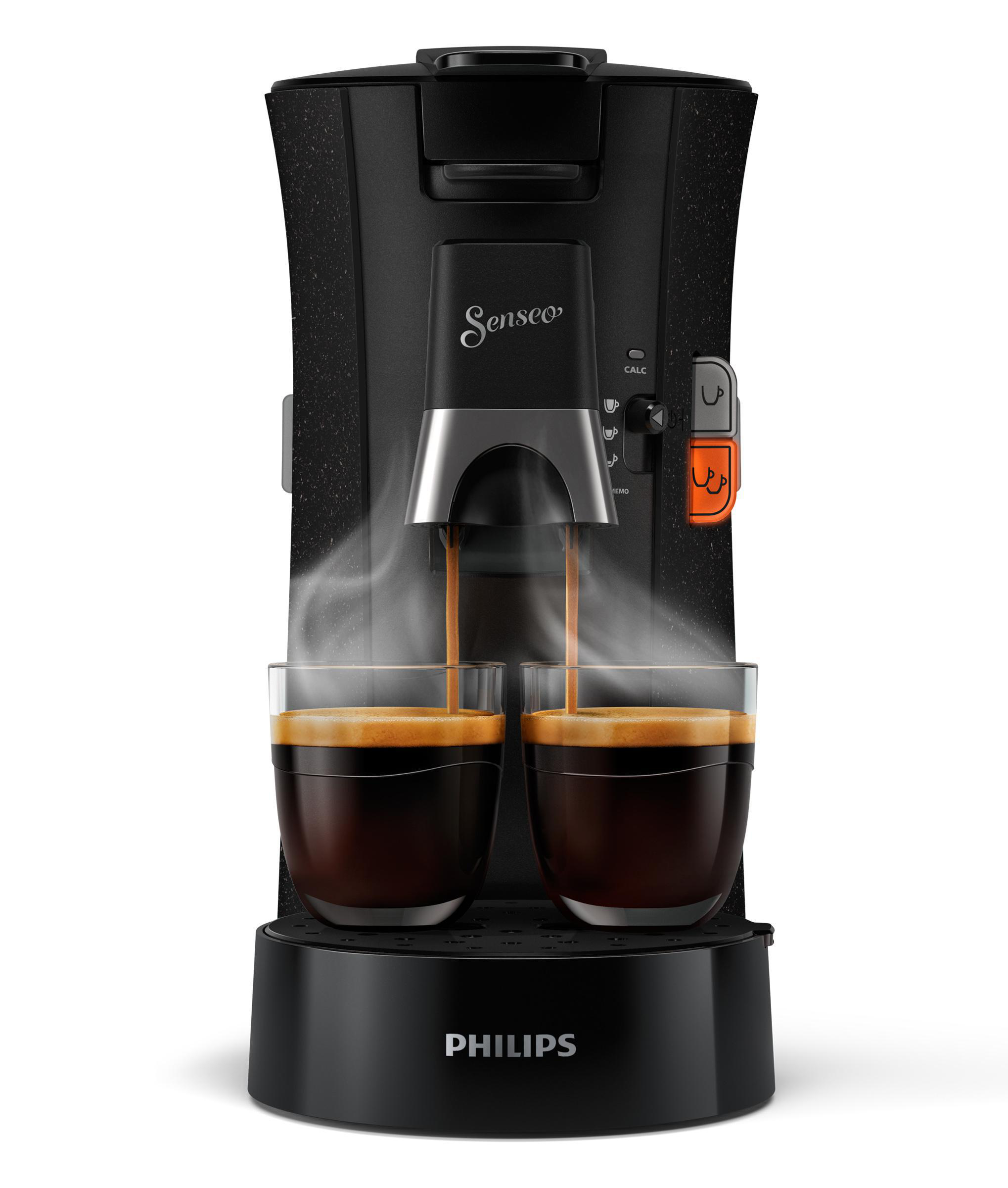 Schwarze Kaffeemaschine, die Kaffee in zwei klare Glasbecher ausgibt.