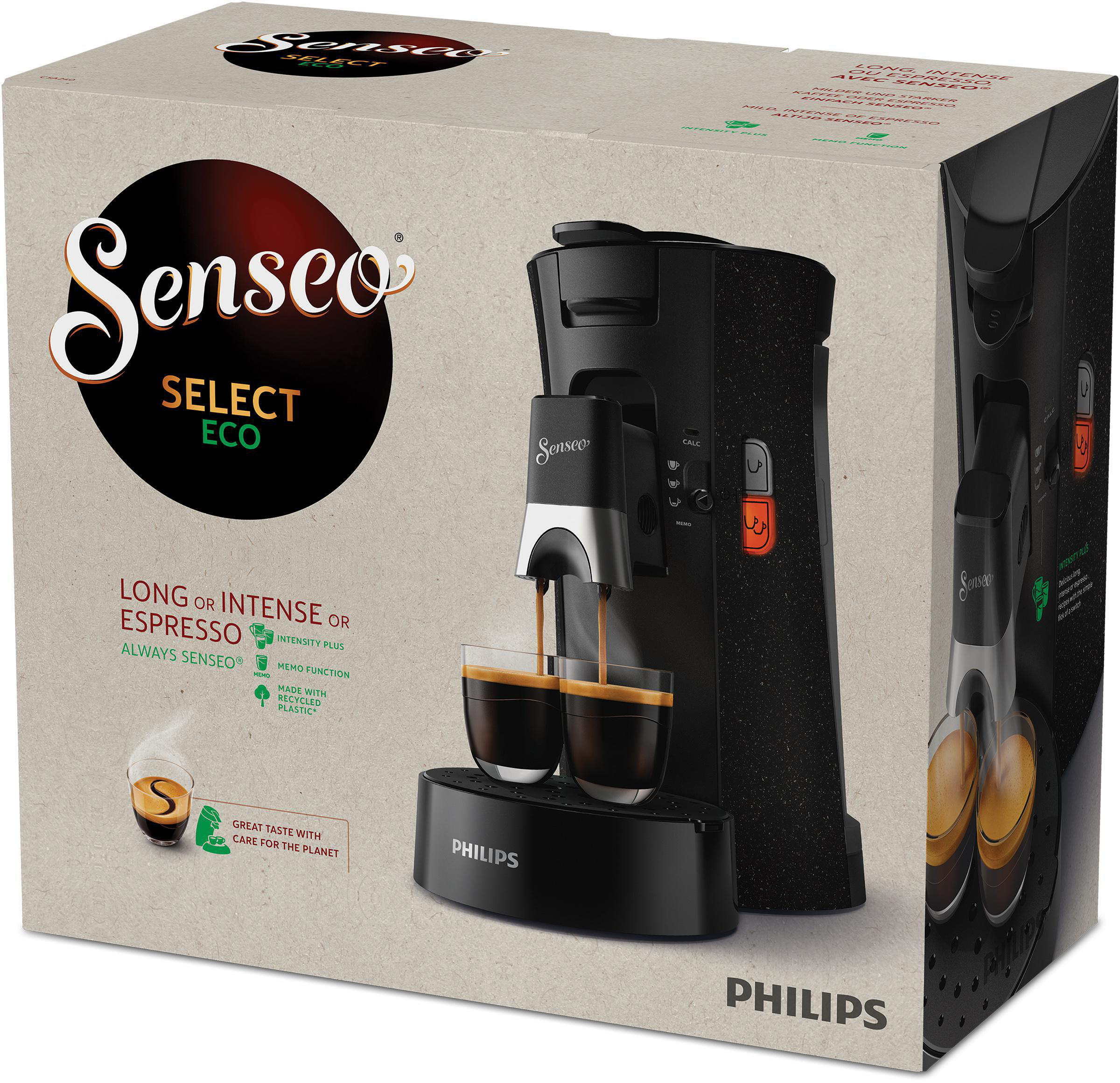 Eine Senseo Select Eco Kaffeemaschine in ihrem Karton, die das Brühen von Kaffee zeigt.