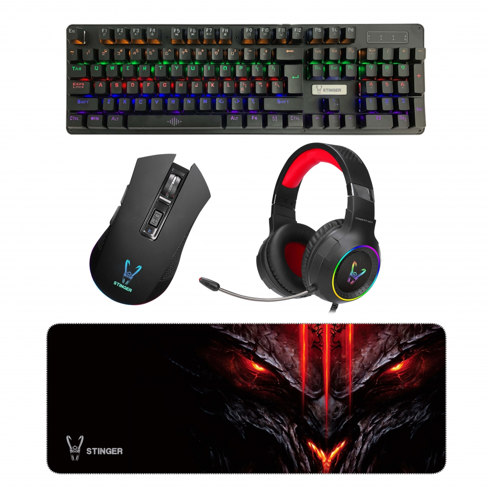 Pack gaming - Woxter Stinger Elite Kit, Teclado mecánico, Ratón, Mouse Pad XL, Auriculares gaming, Negro