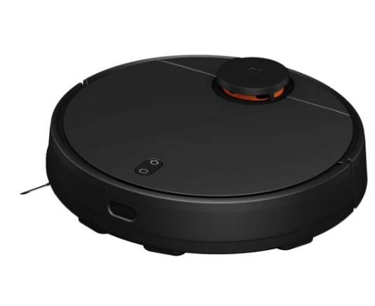 Turuncu merkezli ve siyah vurgulu siyah yuvarlak robot süpürge. Beyaz bir arka plan üzerinde izole edilmiştir.