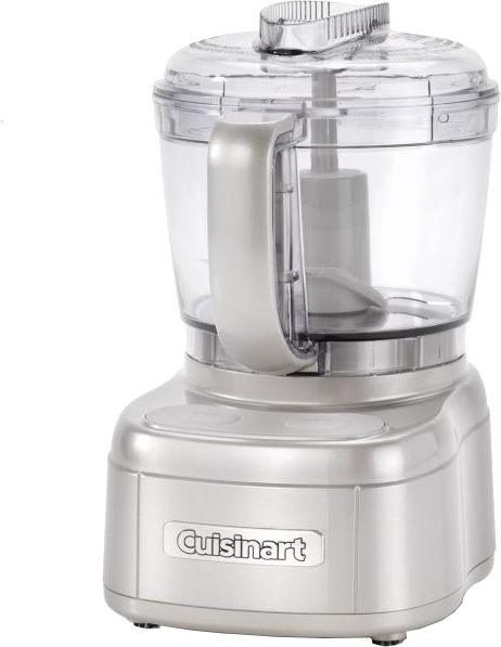 Robot culinaire Cuisinart. Base argentée, bol transparent et poignée. Design simple et fonctionnel.