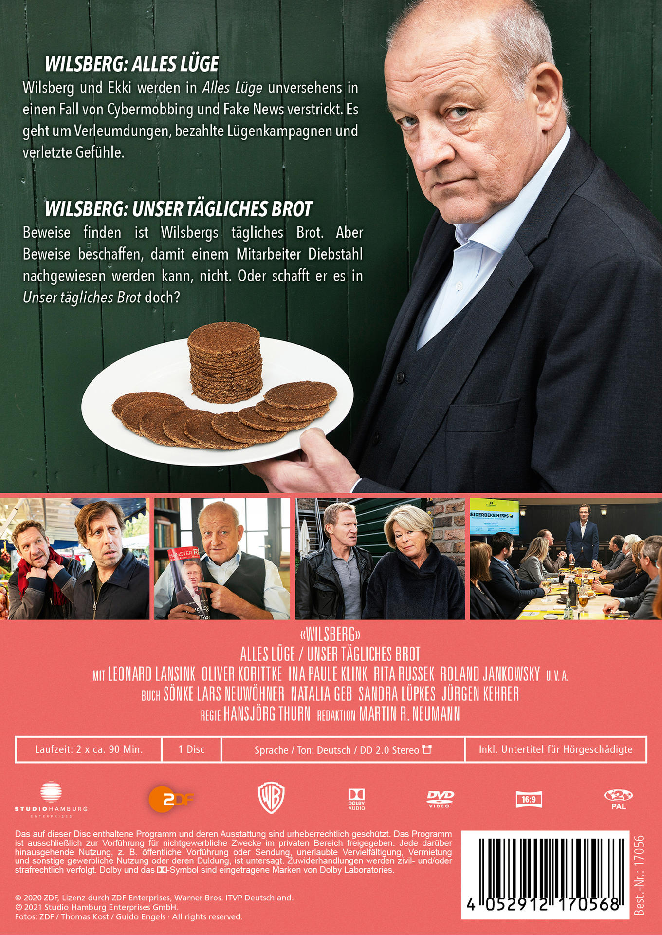 DVD-Rückseite: Mann hält Brot, Text auf Deutsch, Serientitel Wilsberg. Weitere Cast-Fotos.