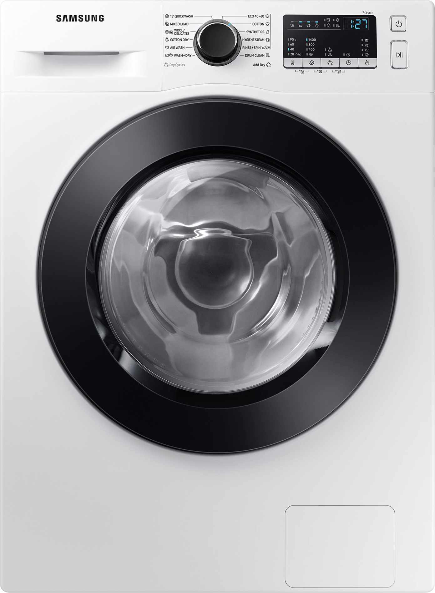 Fehér Samsung mosógép fekete ajtóval és vezérlőpanellel. Elölnézet.
