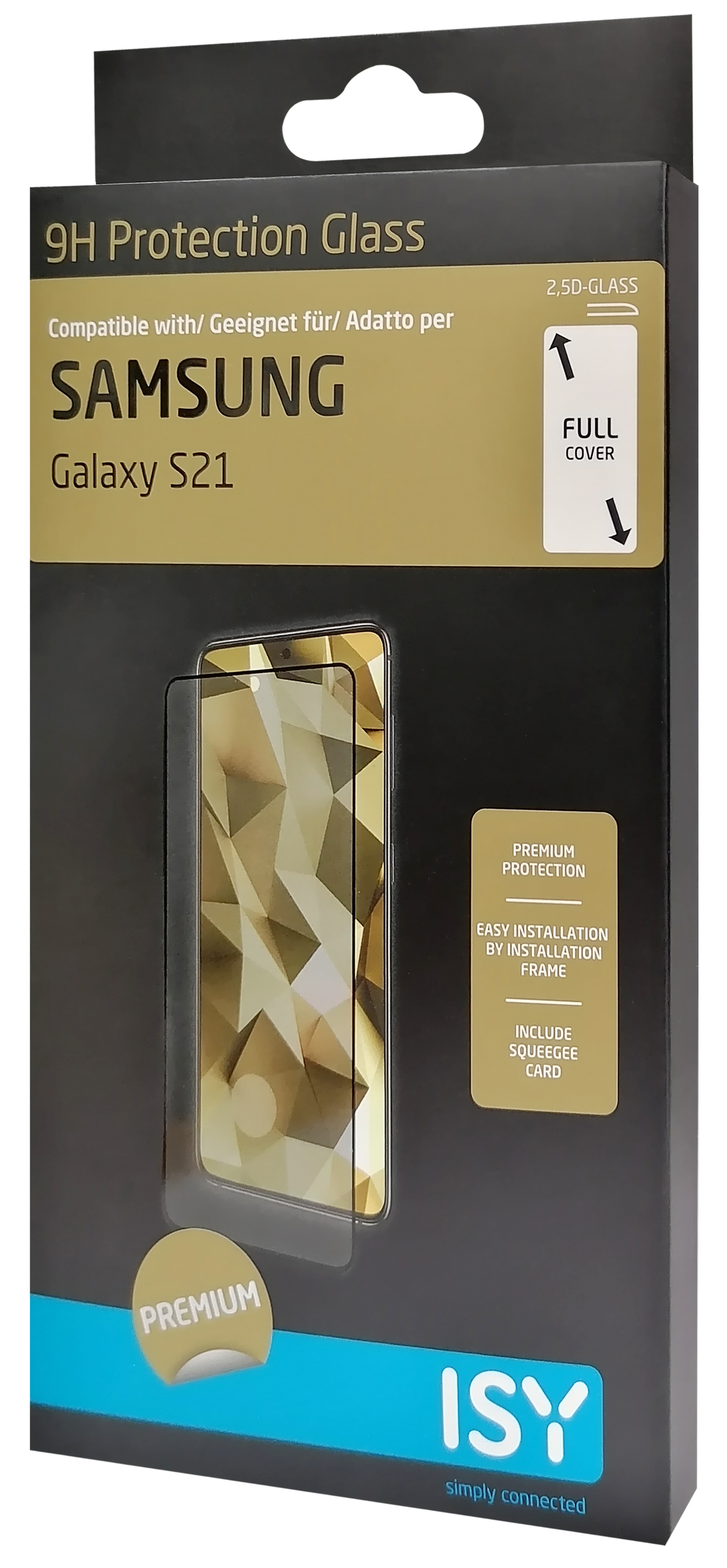 Eine schwarze Schachtel mit einem Displayschutz für ein Telefon und Text zum Produkt.