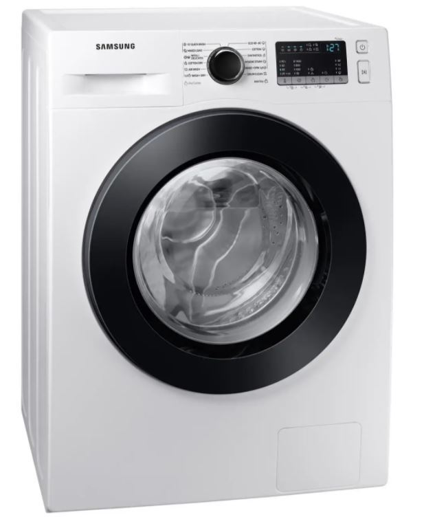 Egy fehér Samsung mosógép. Fekete ajtókeret. Vezérlőpanel felül.