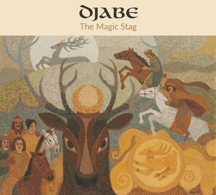 Egy szarvas illusztrációja aranyszínű nappal. Lovasok és emberek a háttérben. A címe: 'The Magic Stag'.