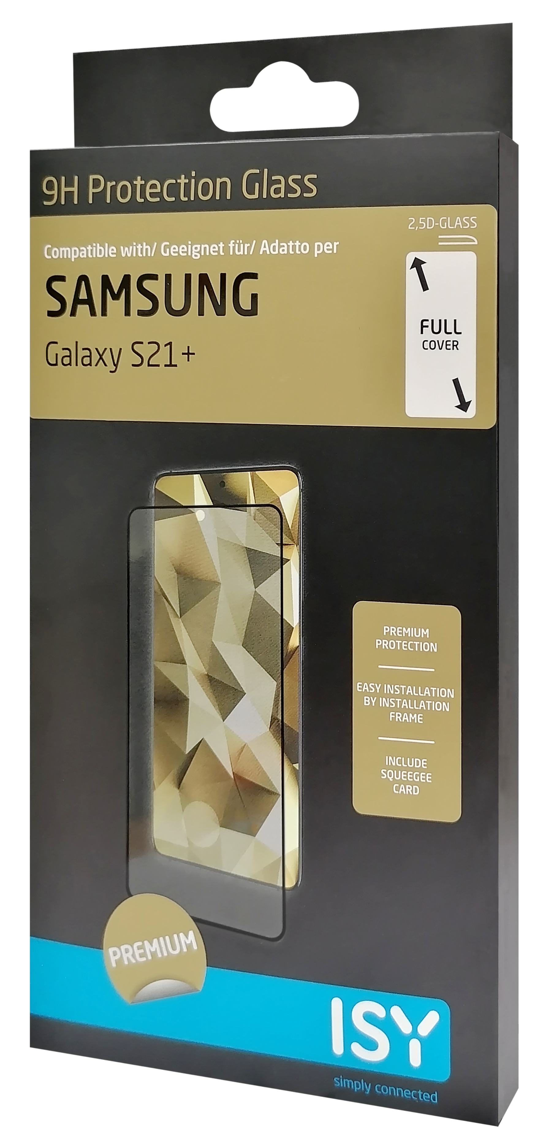 Schwarze Box mit einem Displayschutz darin. Text detailliert Marke und Telefonmodell.