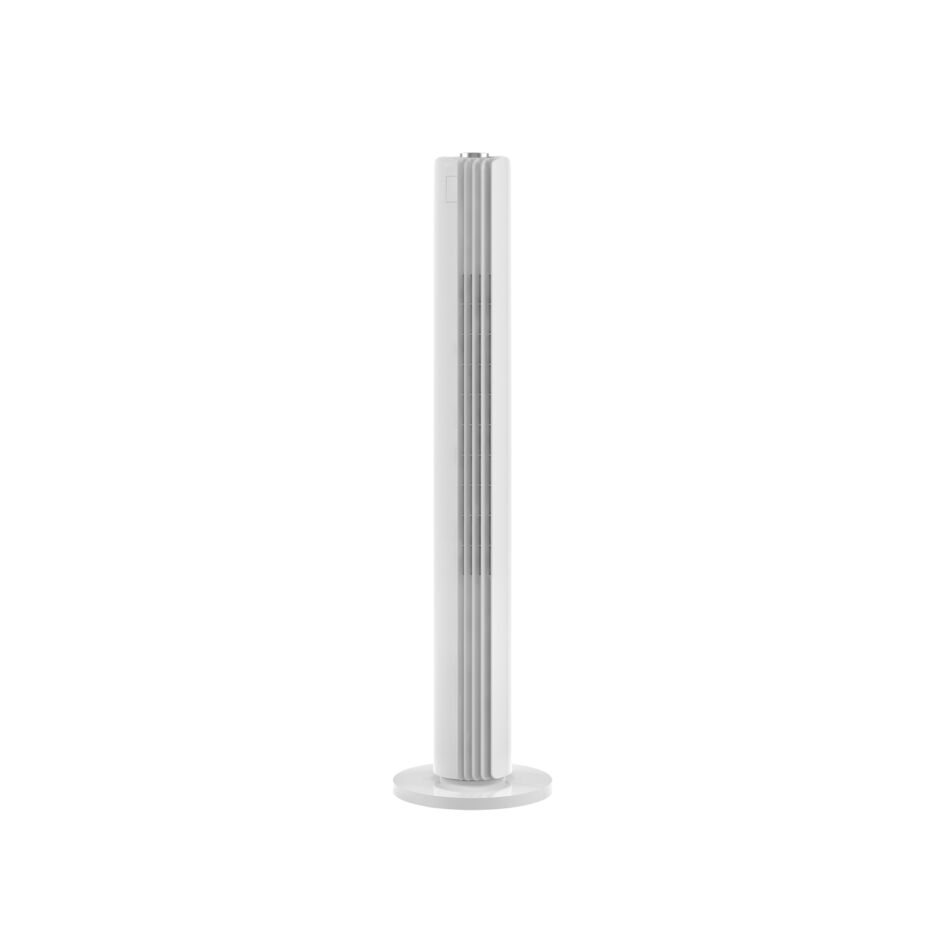 A white tower fan standing upright. It has vertical lines and a circular base.