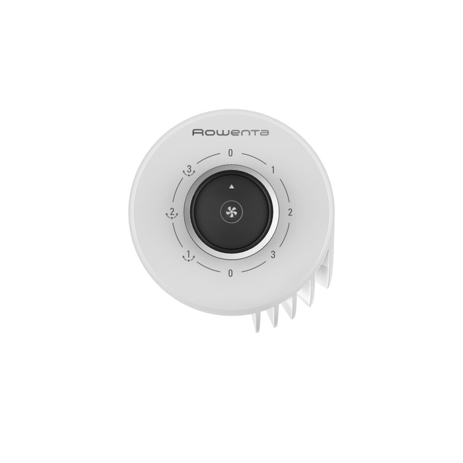 A white circular fan control dial with Rowenta branding, set to the number 2.