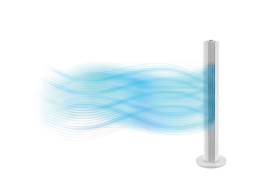 White fan blowing blue air streaks. Isolated on white background.