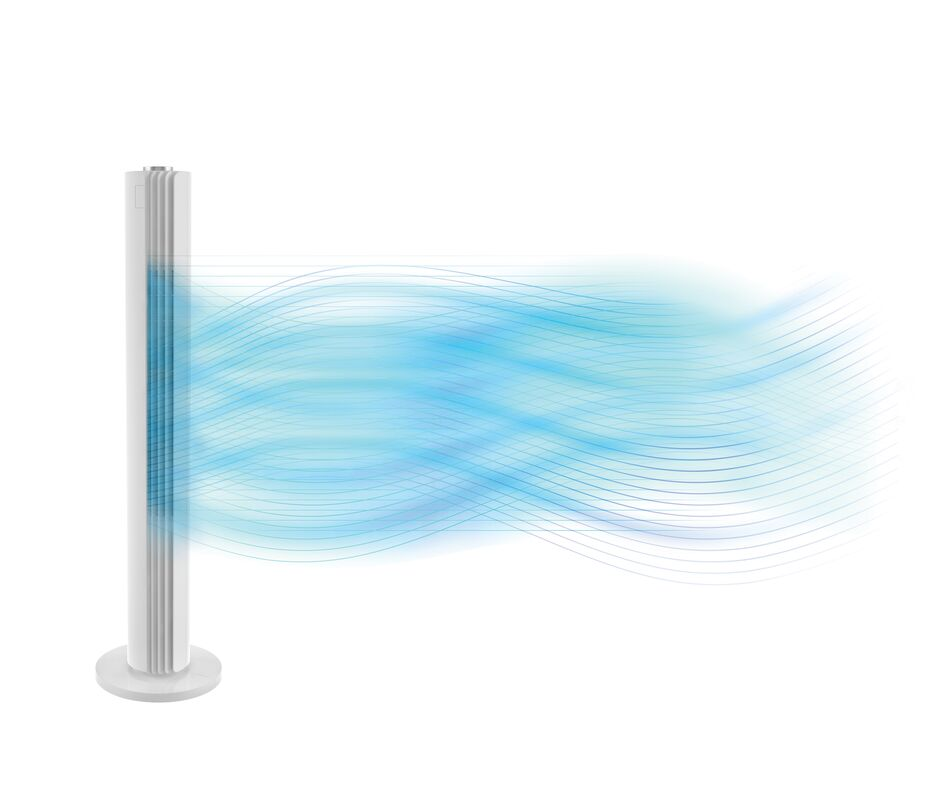 White air purifier with blue air flow, isolated on white background.