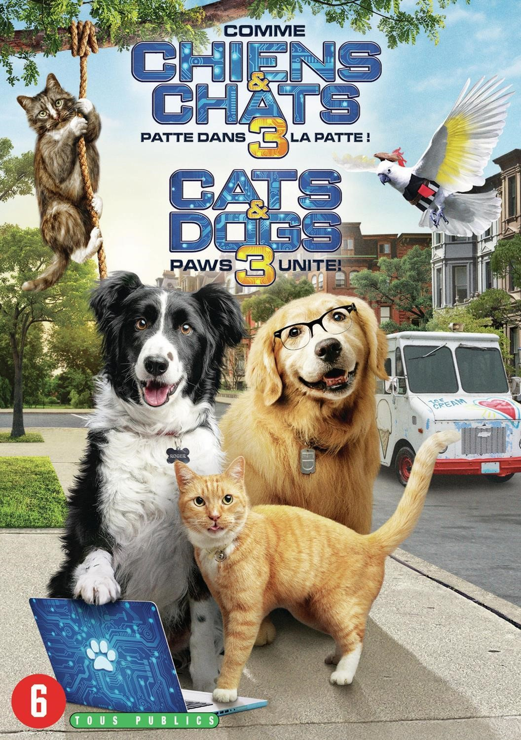Filmposter met kat, hond en papegaai. Titel: Cats & Dogs 3: Paws Unite!