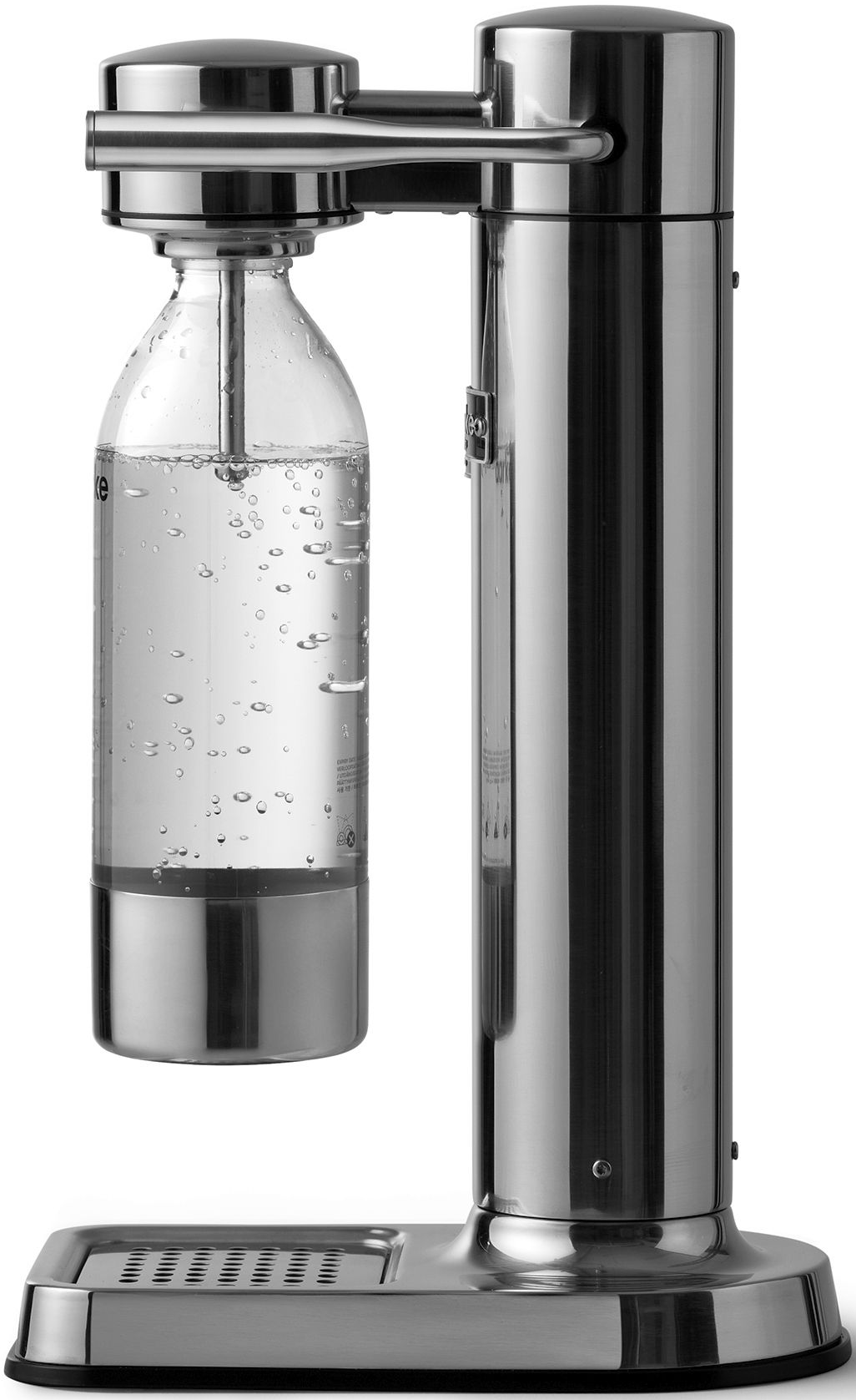 Soda-Maker mit einer Glasflasche im Inneren. Es ist aus Metall und hat einen schwarzen Sockel.