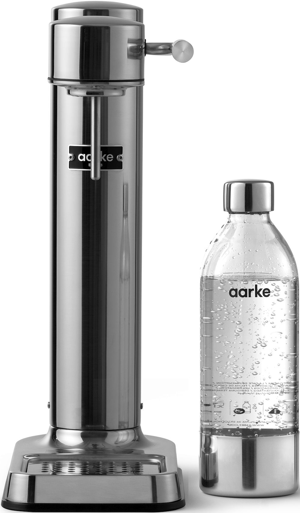 Edelstahl-Soda-Maker und transparente Flasche.