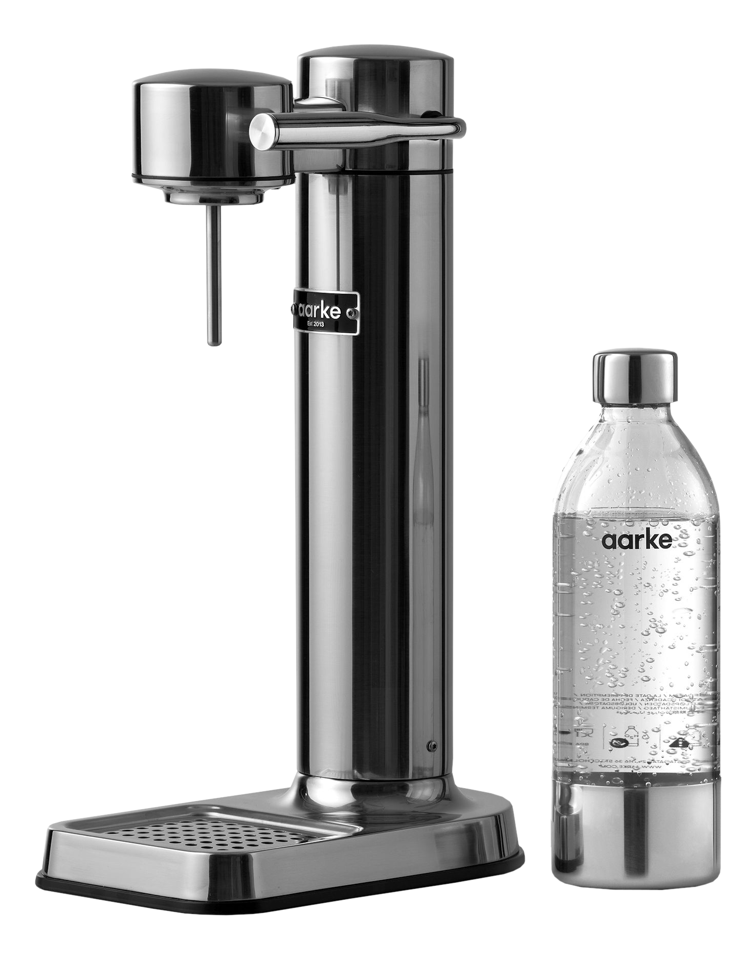 Silberfarbener Sodabereiter mit einer Glasflasche. Der Sodabereiter hat einen Griff und eine Düse, die Marke ist Aarke.
