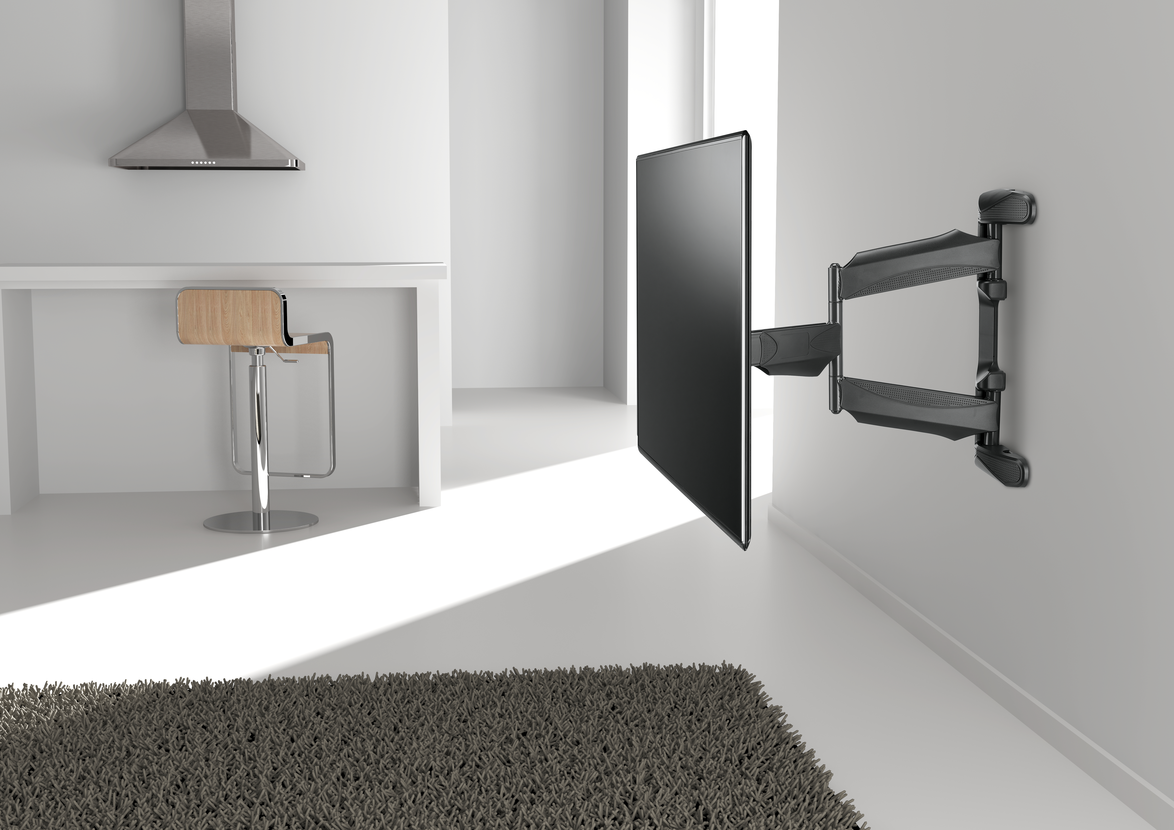 Schwarzer Fernseher an weißer Wand mit grauem Gelenkarm. Hintergrund ist ein Raum mit Teppich.