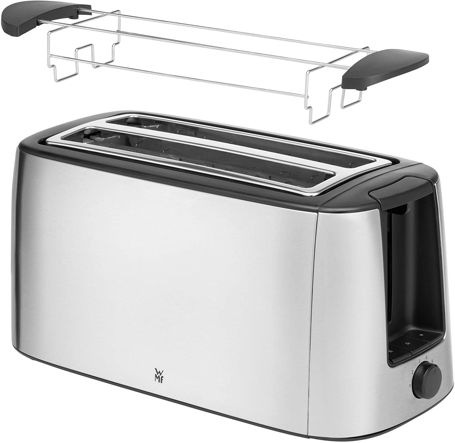 Silberner Toaster mit schwarzer Oberseite und einem Rost darüber auf weißem Hintergrund.