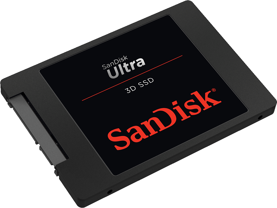 SanDisk Ultra 3D SSD in Schwarz mit rotem und weißem Branding, schräge Perspektive.