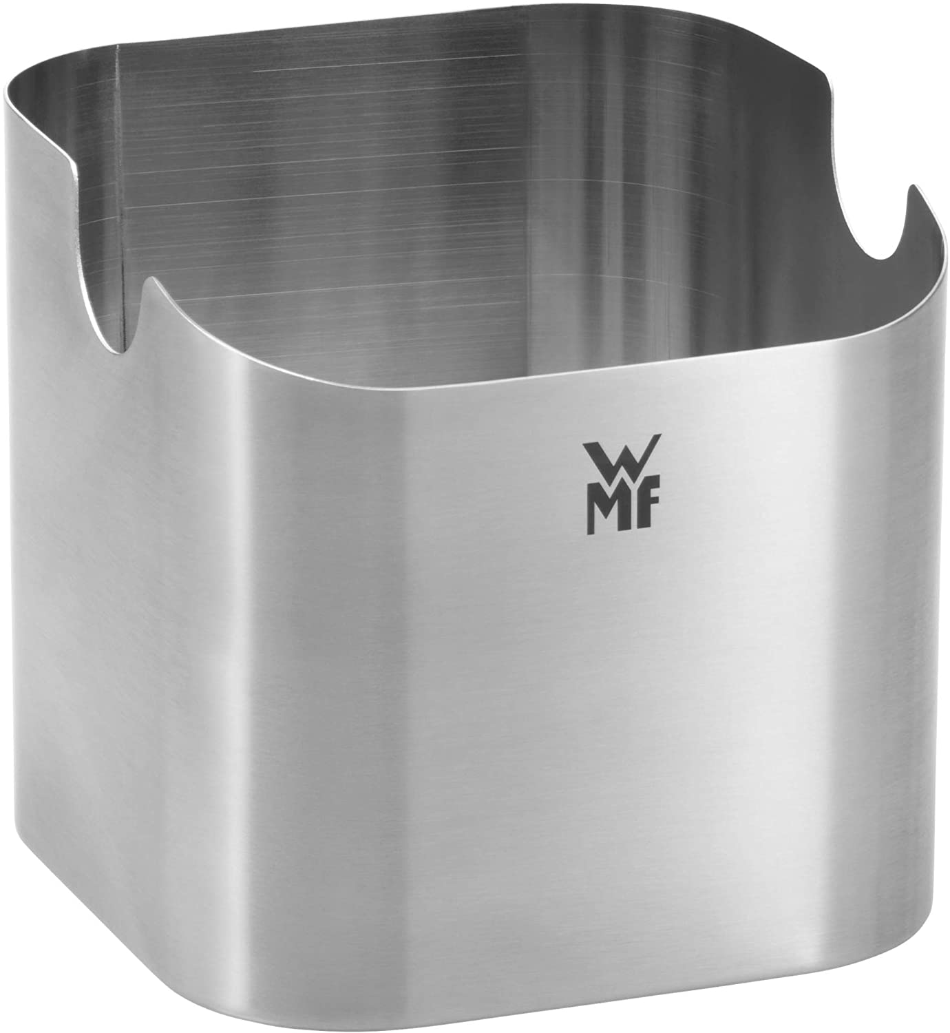 Ein metallischer, quadratischer Behälter mit gewölbtem oberem Rand. Mit WMF-Logo.