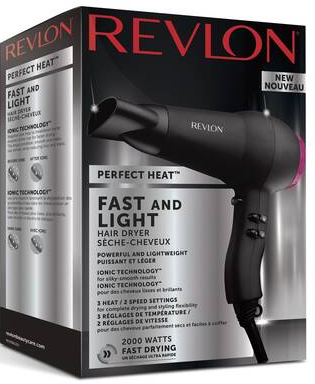 Revlon Haartrockner in einer Box, schwarz mit rosa Akzenten. Text: Perfect Heat, Fast and Light.