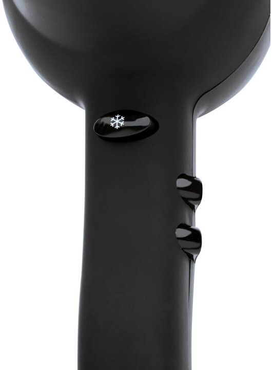 Schwarzer Haartrocknergriff. Zwei Steuertasten und ein Schneeflockensymbol.
